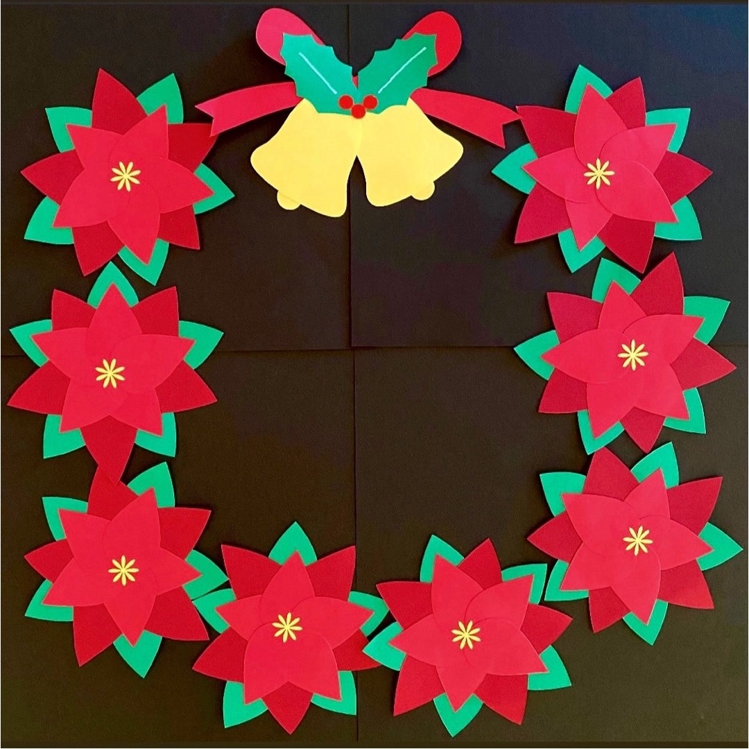クリスマスツリーの壁面飾り」 赤と緑と金の折り紙で作れます🎄 ポインセチア、木、デコレーションボールを 切り紙で作り、並べて貼ってクリスマスツリー🎄を作りました。とっても簡単で豪華なツリーです✨ 「季節を楽しむかわいい切り紙」 うえはらかずよ 著日東書院