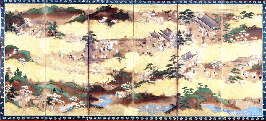 ここにもご注目！みんなで賑やかに、楽しいお花見。 豊臣秀吉が文禄3年に行った、総勢5千人ともいわれる壮大な吉野花見 の様子を描いた屛風。大画面を埋め尽くす満開の桜と華やかな金雲とともに天下統一を成し遂げた秀吉の姿が描かれています。 輿に乗った秀吉