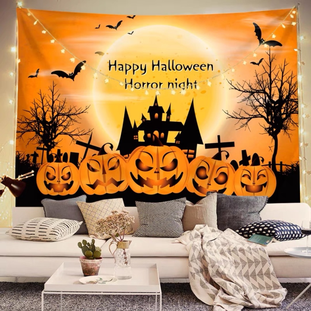 A060267タペストリー ハロウィン カボチャ布ポスター 壁面装飾 壁掛け飾り 窓 背景布 Amazon.co.jp:KMBIGNKハロウィン背景布 部屋 飾り 装飾 インテリア タペストリー おしゃれ 大判 カボチャ 130*150 コウモリ 布ポスター Happy Halloweenお城 夜の月とかぼちゃ
