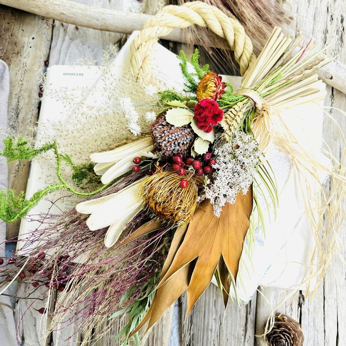 ミニサイズ お正月水引のお飾り お花部分取り外し可 ２way ドライフラワースワッグタイプlafeuille.tokyo- ラ・フィーユ フラワーアレンジメント