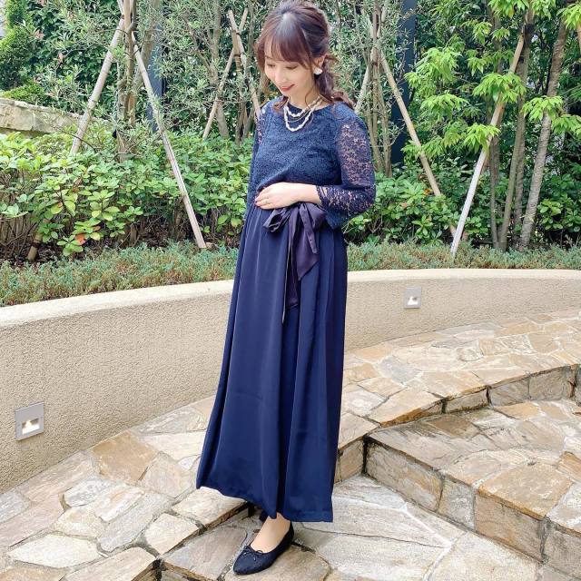 ネイビー ワンピース 長袖 レース ロング 無地 クルーネック マタニティ ウエストリボン sweetmommy スウィートマミー授乳服 x 無地Climb クライムバレエシューズ ネイビー ポインテッドトゥ x 無地 ホワイト ネックレス パール x 無地 IU アイユーホワイト