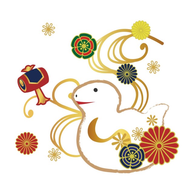 年賀状無料イラスト巳の土鈴 扇型年賀状わんパグ