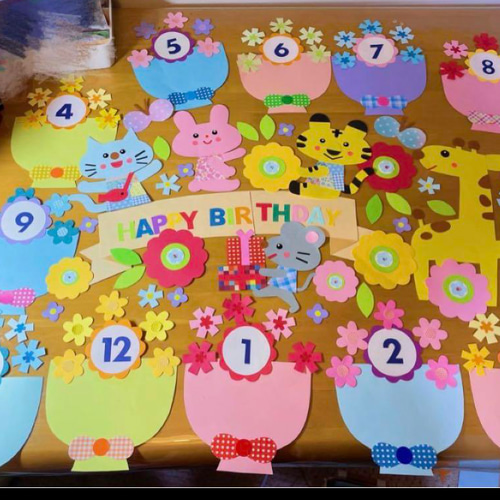 誕生表 壁面飾り 誕生表壁面『重ね切り音符で簡単！かわいい！動物演奏会』