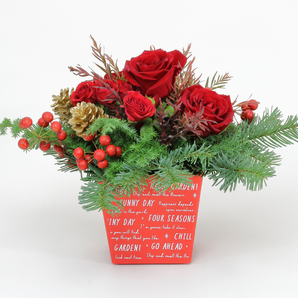 華やかさを演出するクリスマスツリーアレンジメント 生花 お花 フラワーアレンジ アレンジメント バラ ヒバ 松ぼっくり 可愛い おしゃれ クリスマスクリスマスプレゼント Xmas ギフト 贈り物 プレゼント -COLORFUL Flowers 花のギフト専門店 - プレゼント＆ギフトの