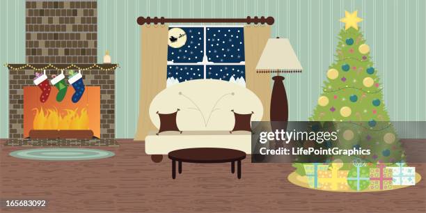 雪で切り取られたクリスマスハウス。家具、暖炉、クリスマスツリー、贈り物、光、装飾と家の内装。フラットスタイルのベクターイラスト。」のベクター画像素材 ロイヤリティフリー337109399Shutterstock