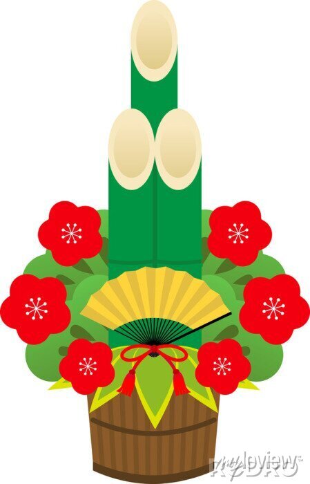 とても華やかなお正月にふさわしい門松のワンポイントイラスト、３色の梅の花がかわいい素材無料イラスト素材TemplateBox