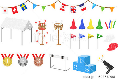 運動会・旗と陸上トラックの白黒フレーム飾り枠イラスト無料イラスト かわいいフリー素材集 フレームぽけっと