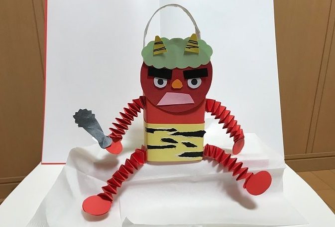 保育製作・毛糸制作。色紙と毛糸で作る、節分お豆バック保育士サポート.com