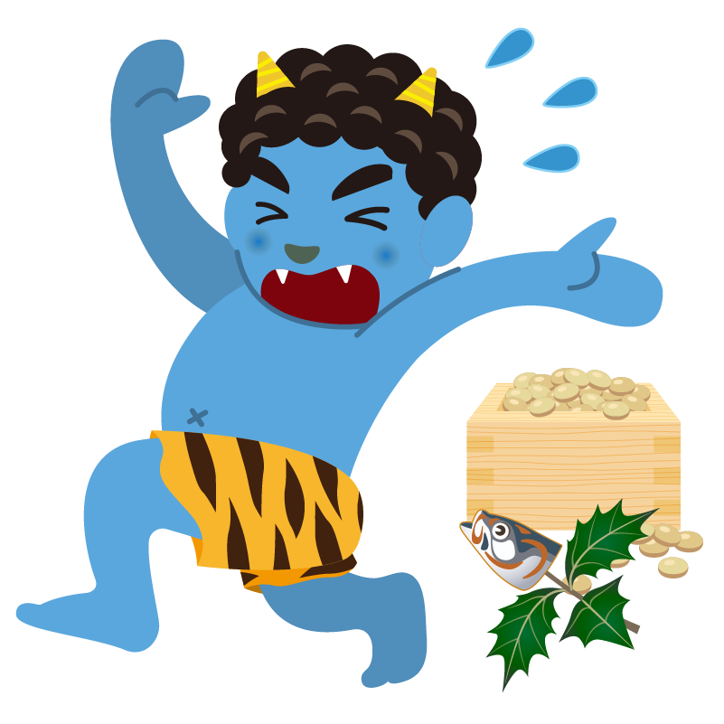 節分の豆まきと赤鬼・青鬼のイラスト：イラスト無料