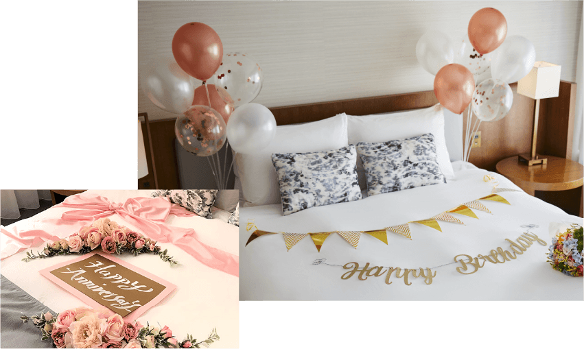 お誕生日サプライズ！ ホテルのお部屋にバルーンデコレーション💖 彼女さまから彼氏さまに向けたサプライズプレゼントです。お2人がディナーで外出中にこっそり飾り付け🎀お部屋から見える東京タワーがとっても綺麗でロマンチックです！ ブルーのグラデーションで大人っ