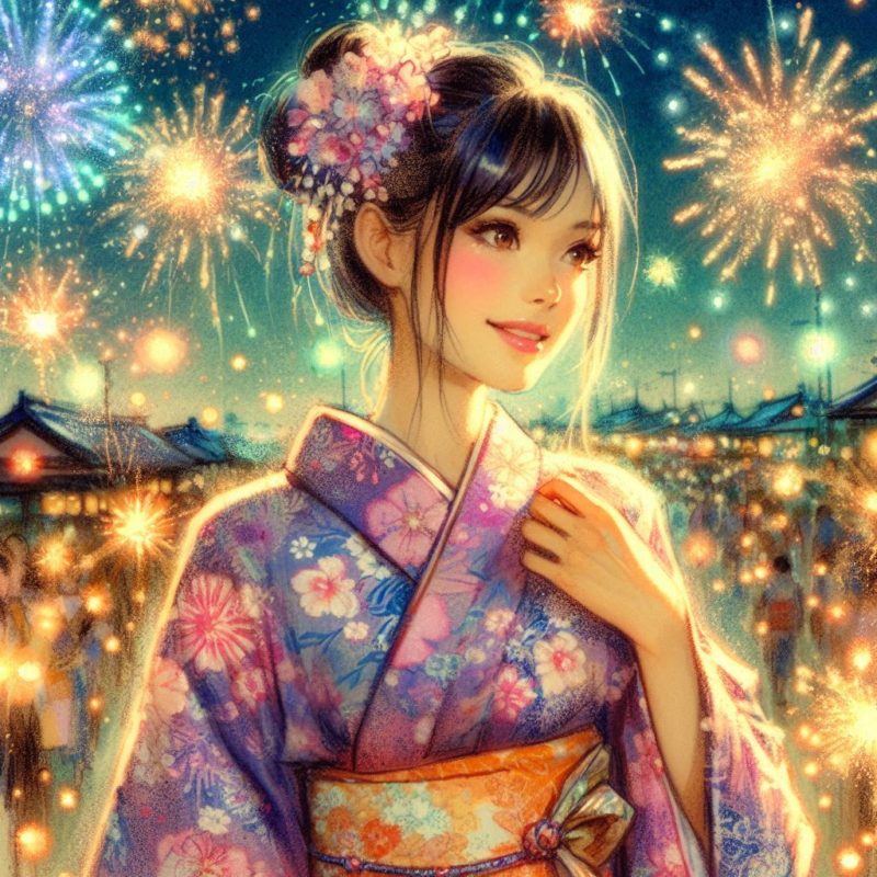 花火と浴衣のママと子ども：イラスト無料