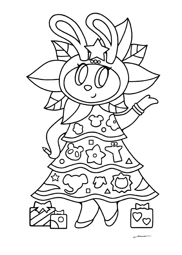 １２月のぬりえクリスマスツリーをかざろう！ゴーゴー！バシーみんなのぬりえプラネット・塗り絵無料ダウンロード