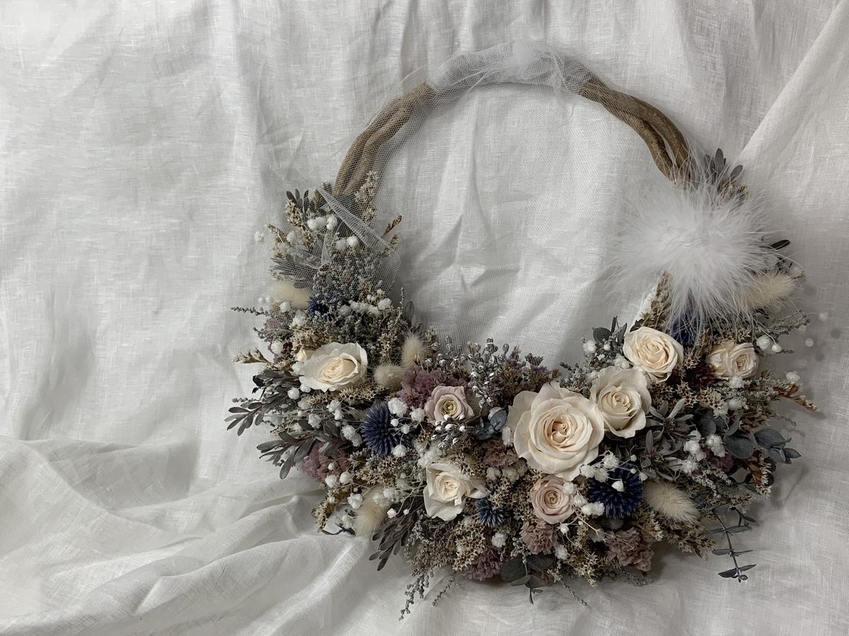 造花リースの作り方。アネモネ＆ラベンダーの壁掛けアレンジ。ウェディング、リースブーケにもおすすめ。初夏の花のナチュラルアレンジ。DIYSpring Summer Wreath