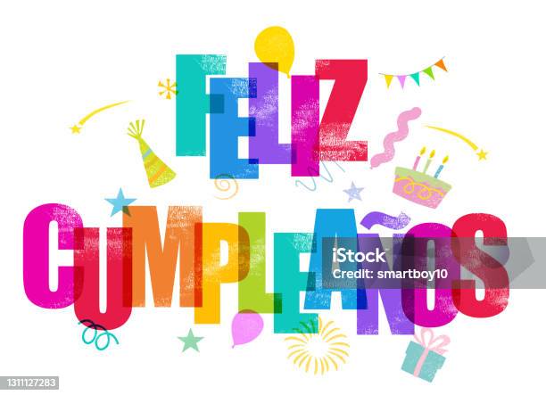 フェリス Cumpleanos、スペイン語でお誕生日おめでとうポスターのイラスト素材・ベクター Image 74950698