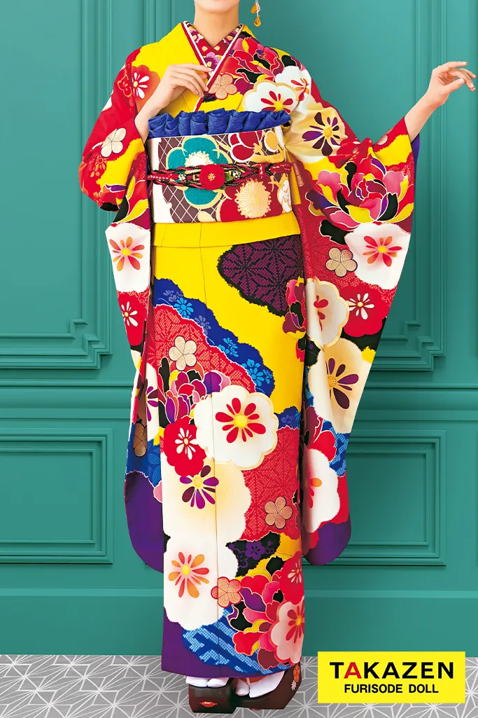 緑地に赤白紫の菊が咲き誇る大柄レトロモダン振袖大胆柄で魅せる成人式