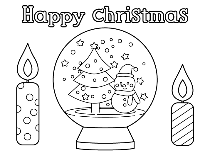 クリスマスツリーと雪だるまのぬりえ：イラスト無料