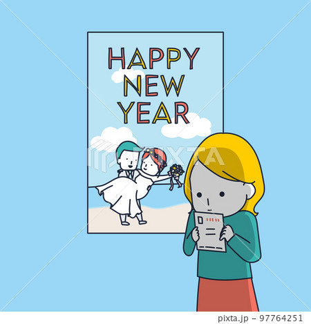 しめ飾り上に鎮座する巳年年賀はがき・レトロカラー赤：イラスト無料