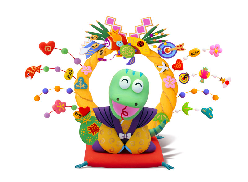 巳年干支イラスト 正月の縁起物に囲まれてかわいい蛇が新年の