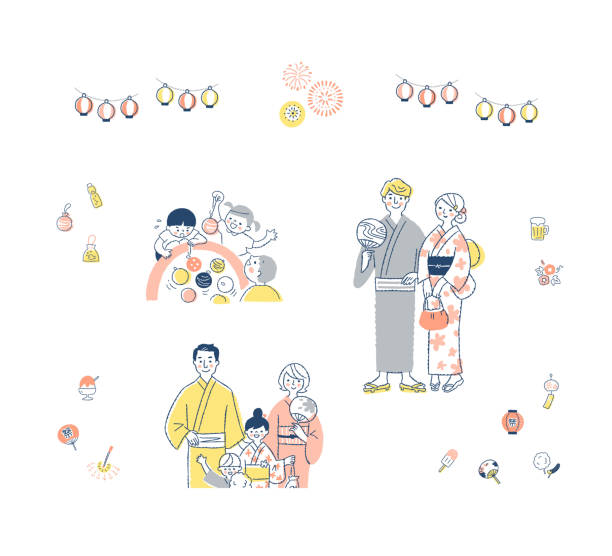 浴衣を着た子どもたちと花火のイラスト無料のフリー素材 イラストエイト