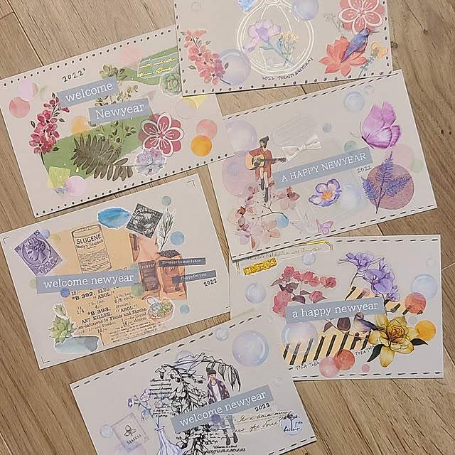 簡単コラージュで作るオリジナル年賀状🎍 色紙や厚紙に好きな柄を選んで切って貼るだけでできる、オリジナルの年賀状。メッセージを書くスペースを丸く切り抜いたり、その丸い紙を組み合わせて模様を作ったりなど、いろいろなアレンジが楽しめます。厚くなりすぎたり