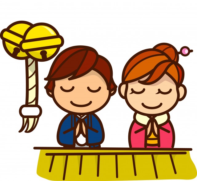 初詣でお祈りをする和装の男性と女性のイラスト無料のフリー素材 イラストエイト