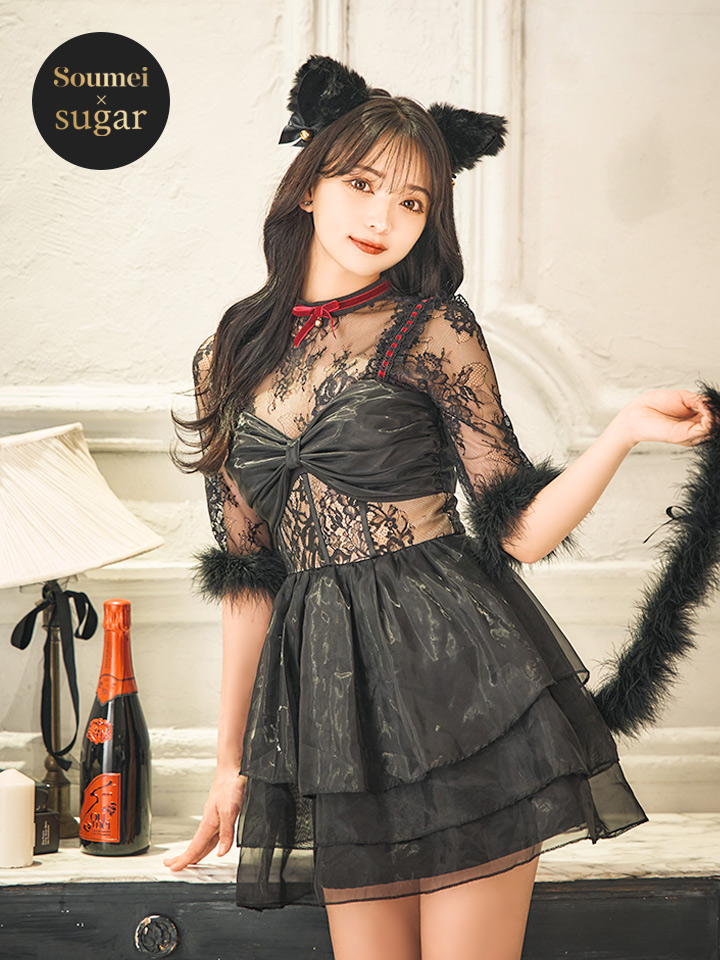 SALE!即日発送ハロウィンブラックレースキャット オールインワン 黒猫コスプレ5点セットS-LサイズOF01-キャバドレス専門店 sugarシュガー