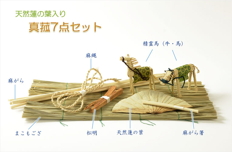 盆用品 まこも６点セット 盆ござ・まこも縄・ハスの葉・精霊箸・おがら・牛馬 新盆セット・初盆セット仏壇・位牌通販のふたきや