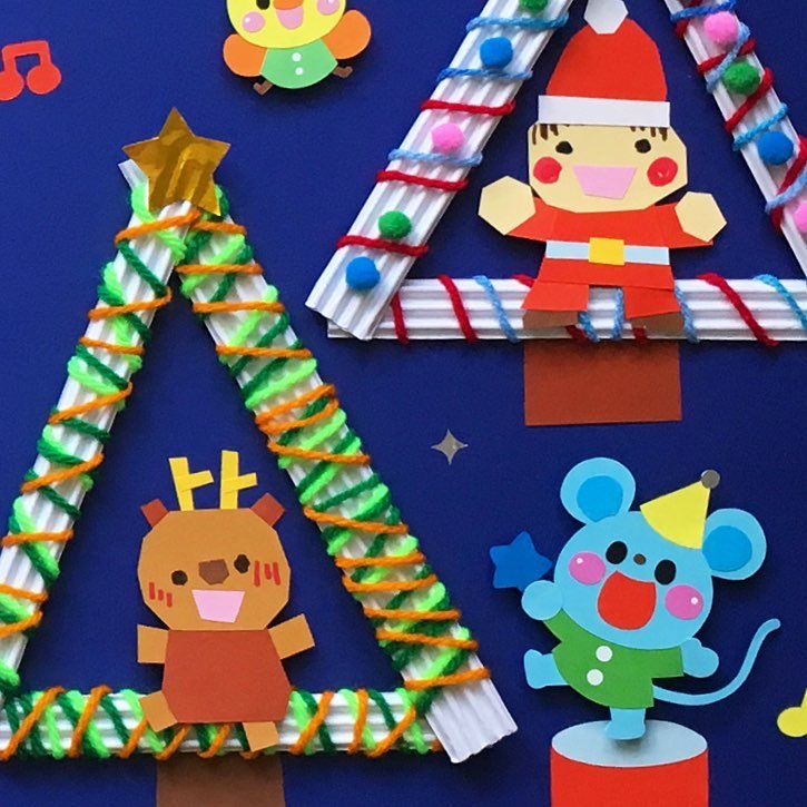 保育園の壁面製作 12月 絵の具遊びでクリスマスツリーの作り方にじいろランド note園