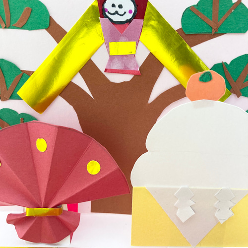 黄色の縁と茶色を全面に使ってお正月のイラストを散りばめたグリーティングカード の無料メッセージカードテンプレート 17051 - デザインAC