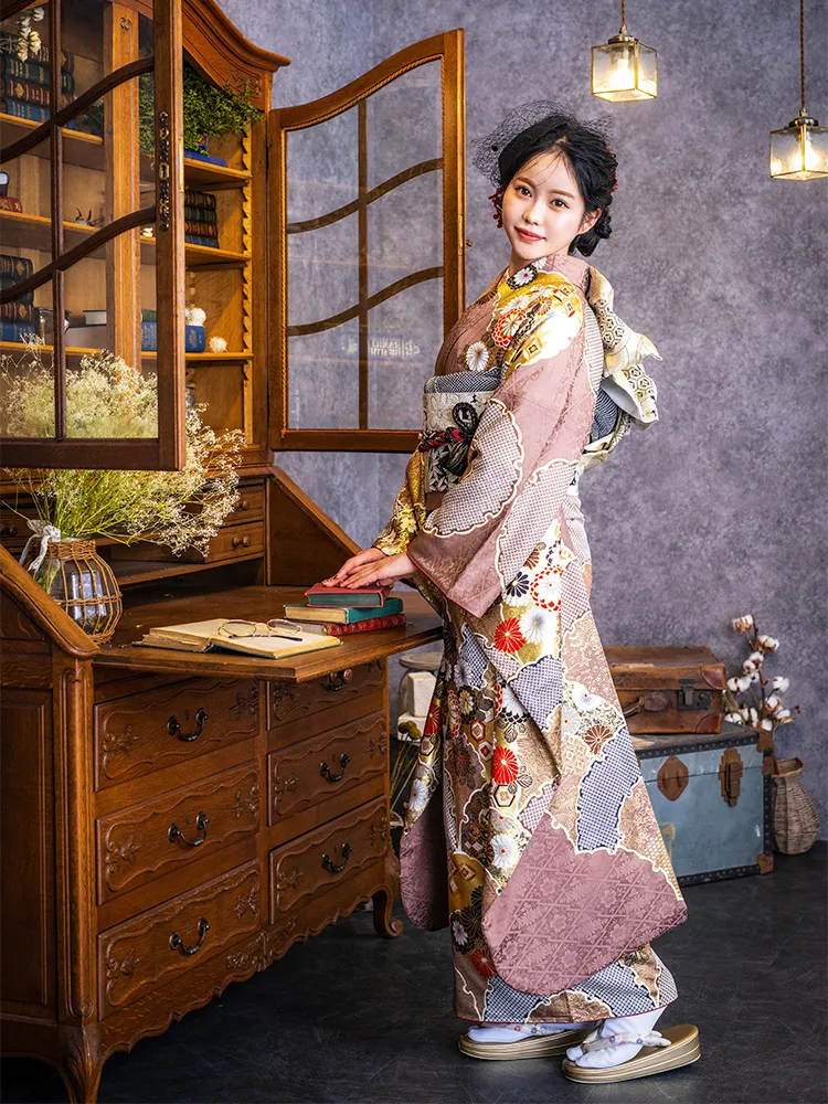 レトロ黄色 からし 赤 青梅柄 現代柄個性的おしゃれレトロモダン振袖華やか目立つ 通販可F0037