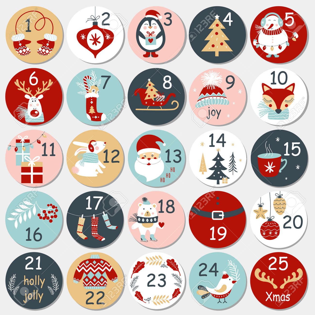 ベクトルのアドベント カレンダー。手書きの数字とクリスマス カウント ダウン