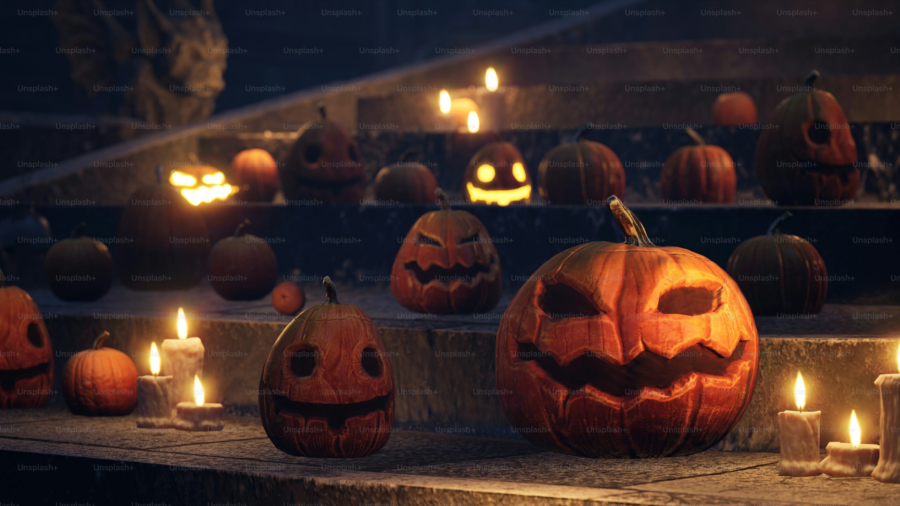 おしゃれな場所に飾られて嬉しそうなハロウィンのジャックオーランタンズのフリー画像おしゃれ・かわいい無料写真素材：GIRLY DROP