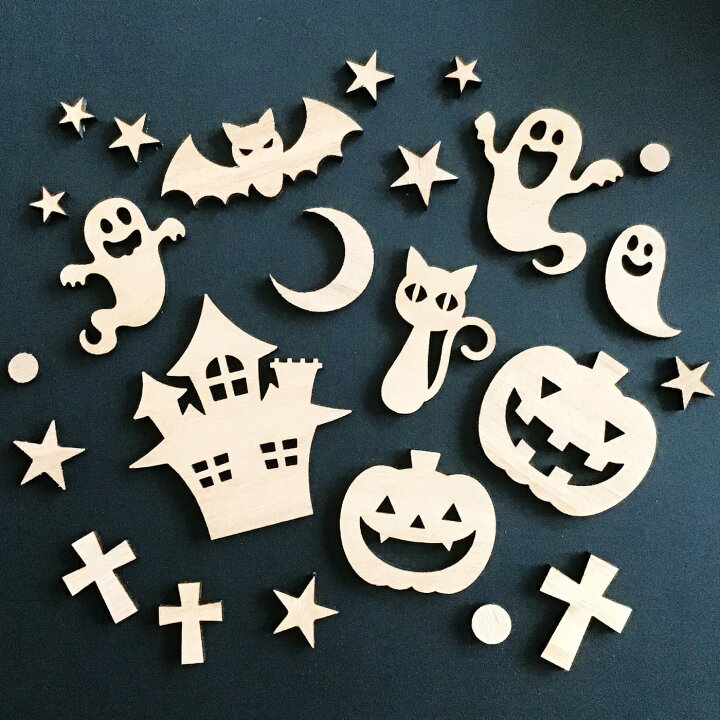 ハロウィン 木製飾り 天然木 無垢材 ウォールナット・チェリー 4個セット 置物