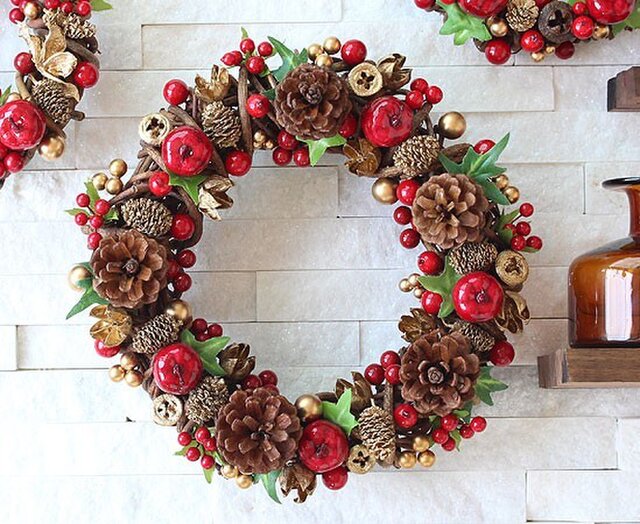 クリスマスリース 32cm リボン まつぼっくり Mサイズ Champagne glitter Ball -ミッシュキッシュ -プレゼント＆ギフトのギフトモール