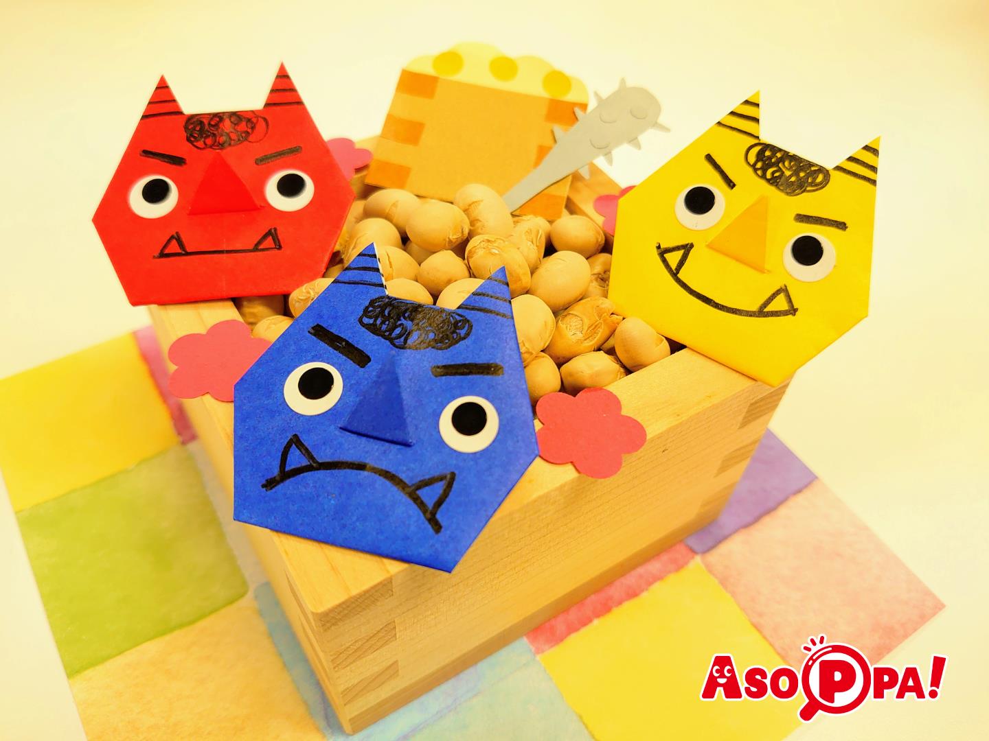 おたふく 福の神 の折り紙。2月の節分に簡単・かわいい おかめ 福の神の折り方。幼稚園や保育園の幼児の製作にも♪おりがみっこⅡ