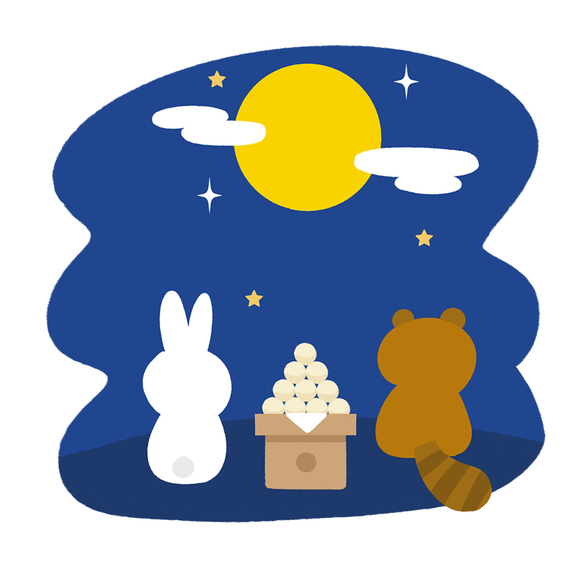 ９月、秋のイラスト、お月見、お茶を飲みながらお月見を楽しむかわいいウサギのワンポイントイラスト無料イラスト素材TemplateBox