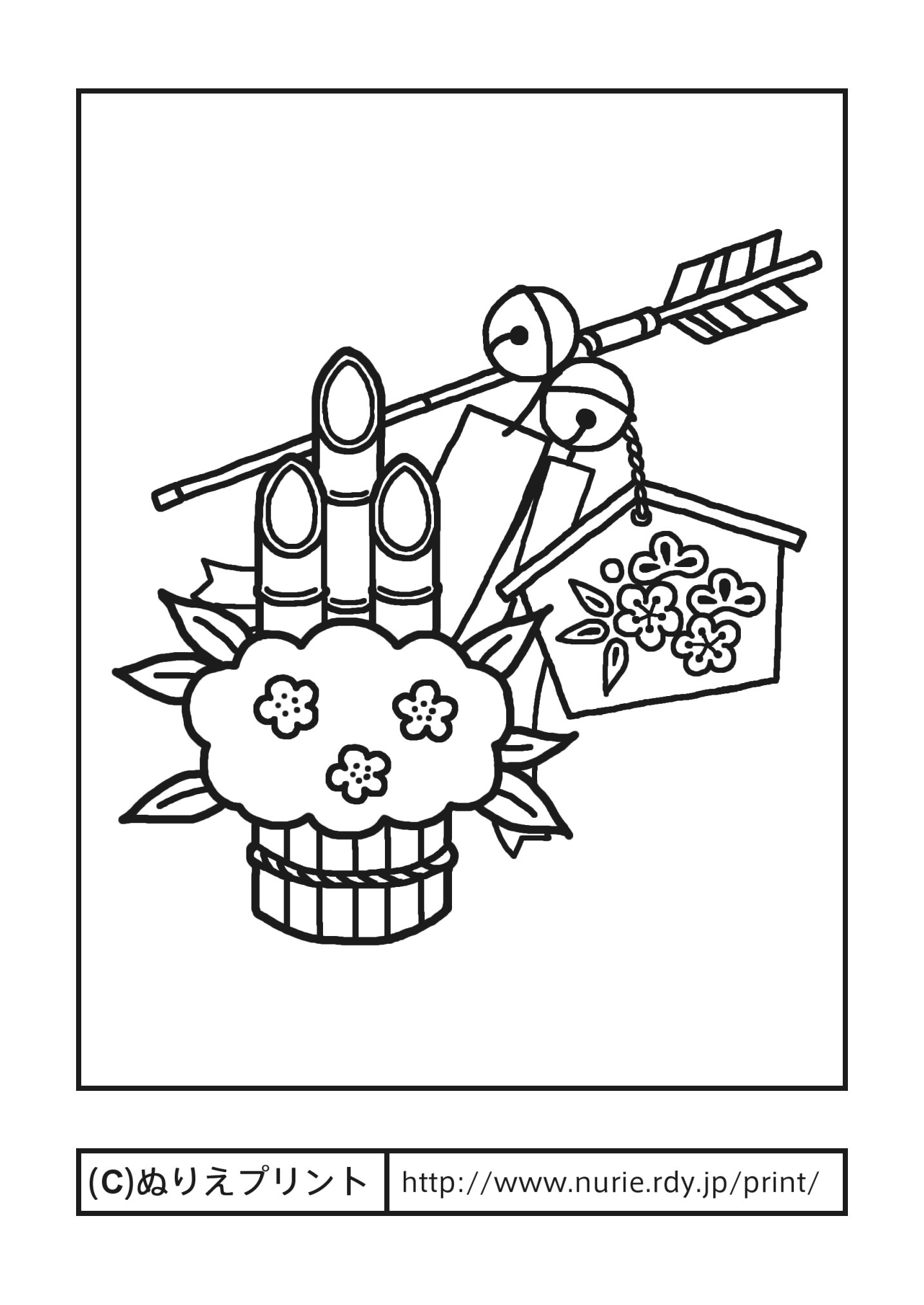 １月のカレンダーに使えるお正月の塗り絵イラスト・冬休みにお正月の遊びをする子どもたち・大人の塗り絵かえちゃびのぬりえカレンダ