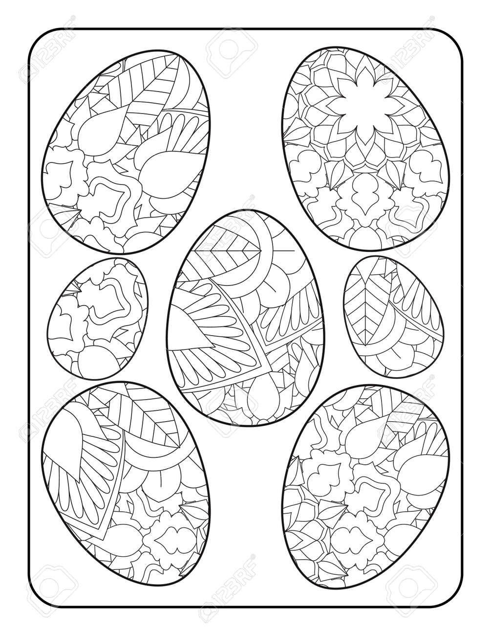 ウサギとメンドリがイースターエッグに囲まれています - 複雑なぬりえページ イースター 印刷用