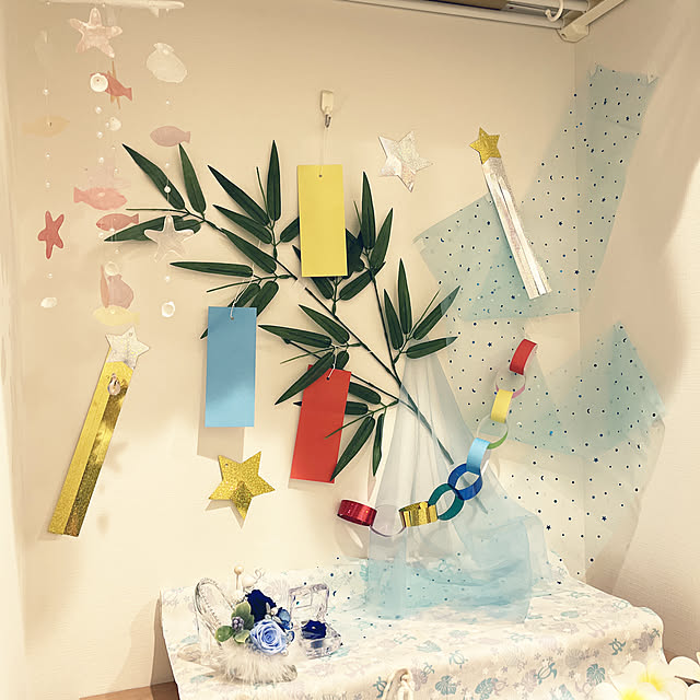 100均ダイソー 七夕グッズ 笹の葉や短冊入りの七夕飾りセット、ガーランドがおすすめ♪お部屋のインテリアにも使える星グッズが可愛い！雪見日和