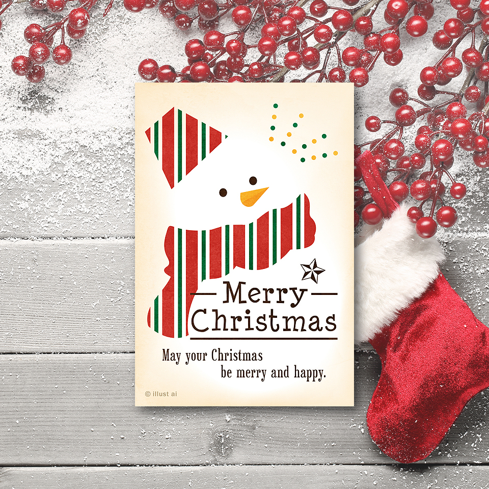 スノーマンと英語メッセージクリスマスカードテンプレート - ポストカード・イラスト素材サイト イラストareiraPostcardtemplate