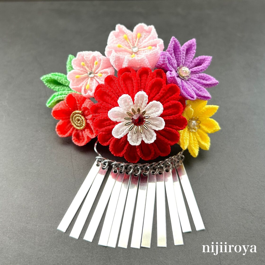 日本髪 髪飾り 七五三 7歳 ～成人式ブルー×ピンク七五三 つまみ細工 7歳