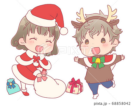 冬 かわいいイラスト 無料 フリー「クリスマスツリーと男の子&女の子」34731素材Good