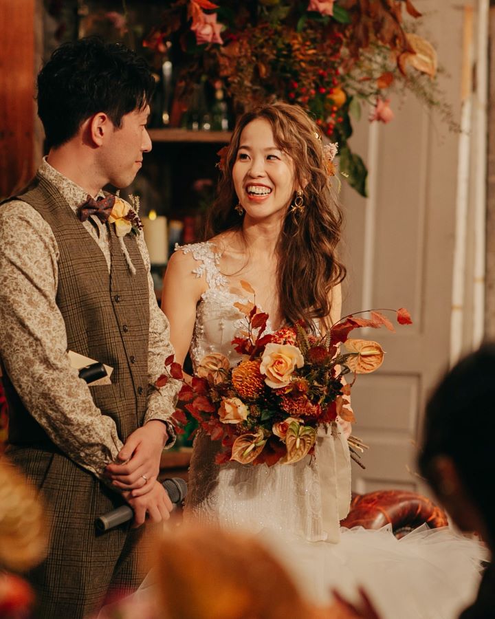 先日のドライフラワーのブーケ 秋の色合いで。 かわいい❤️ おめでとうございます。ドライフラワーブーケブーケオーダーウェディングブーケ結婚式