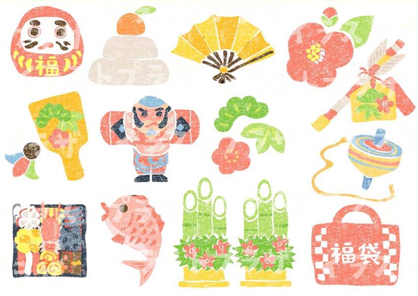 巳年年賀状素材 ゆる可愛い蛇と正月グッズイラスト - No: 25775051無料イラスト・フリー素材なら「イラストAC」