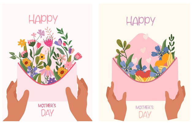 母の日のグリーティング カード。封筒と鮮やかな花のポストカード。母の日おめでとう。Premiumベクトル素材