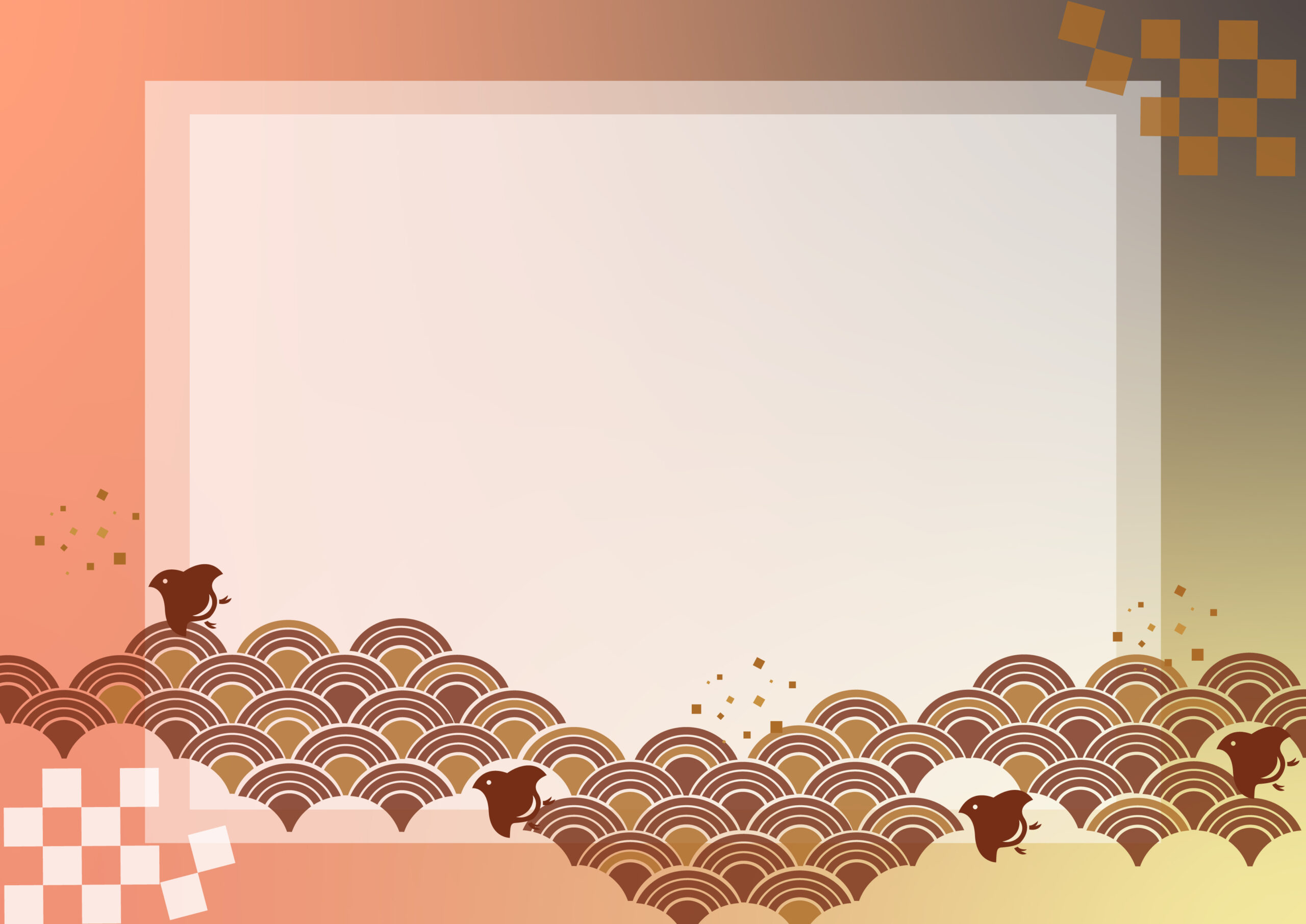 お年賀に添えるメッセージカードや年末年始のご挨拶の背景に活用できる和風デザインのフレームです。和柄のイラストが描かれた飾