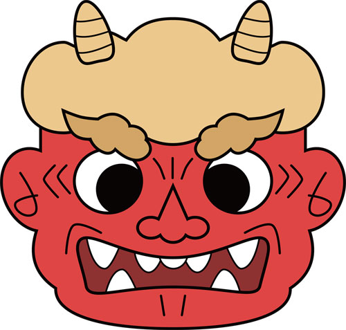 節分で赤鬼のお面をかぶって逃げる子供 女の子 の無料 フリー イラストかわいい 手描きの無料素材「てがきっず」保育園・小学校・介護施設にぴったりのフリー素材イラスト