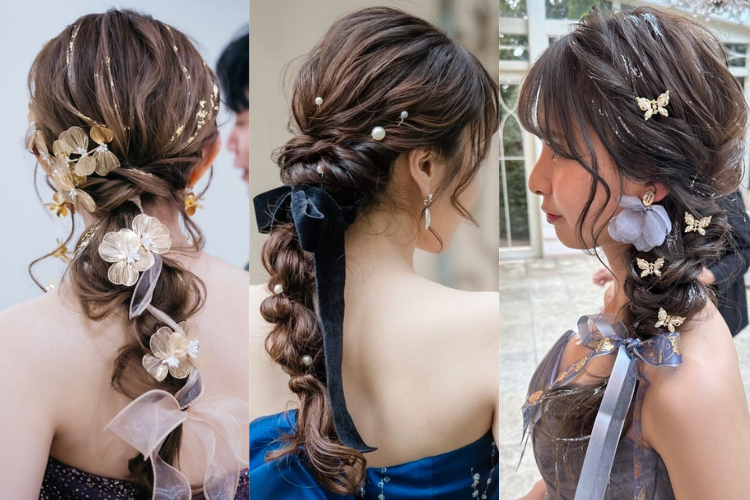 編みおろしにパールのアクセサリー♥ ロングじゃなくても編みおろしできます〜🙆‍♀️ 30分ヘアセット¥3000～ 60分ヘアセット¥4400結婚式ヘアセット結婚式アレンジ お呼ばれヘア お呼ばれアレンジ 梅田ヘアセット 梅田ヘアアレンジ ヘアセット梅田 ヘアアレンジ梅田