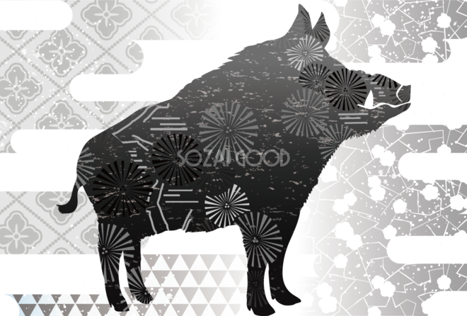 白黒の虎シルエット年賀状イラストのフリー素材イラストイメージ