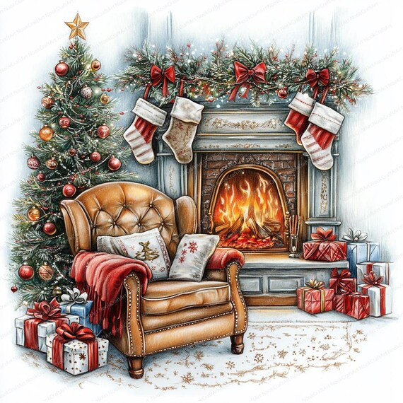 クリスマスイラスト 暖炉とツリーとクリスマスプレゼント
